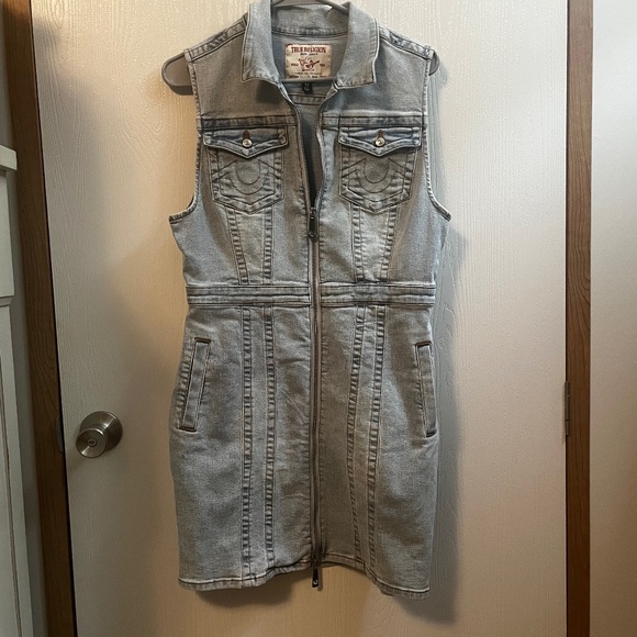 True Religion Zip-up Sleeveless  Rockstar Tie-back Denim Dress Large - Picture 1 of 6